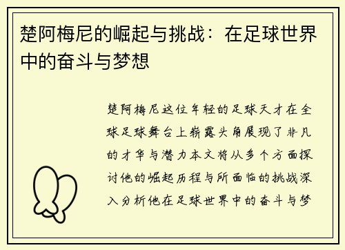 楚阿梅尼的崛起与挑战：在足球世界中的奋斗与梦想